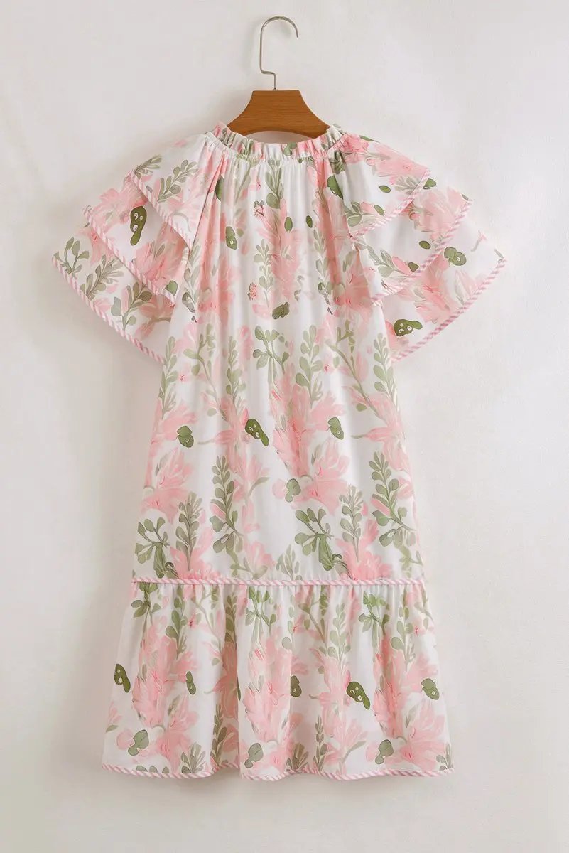 Pink Floral Contrast Edge Layered Short Sleeve Mini Dress - Love Salve